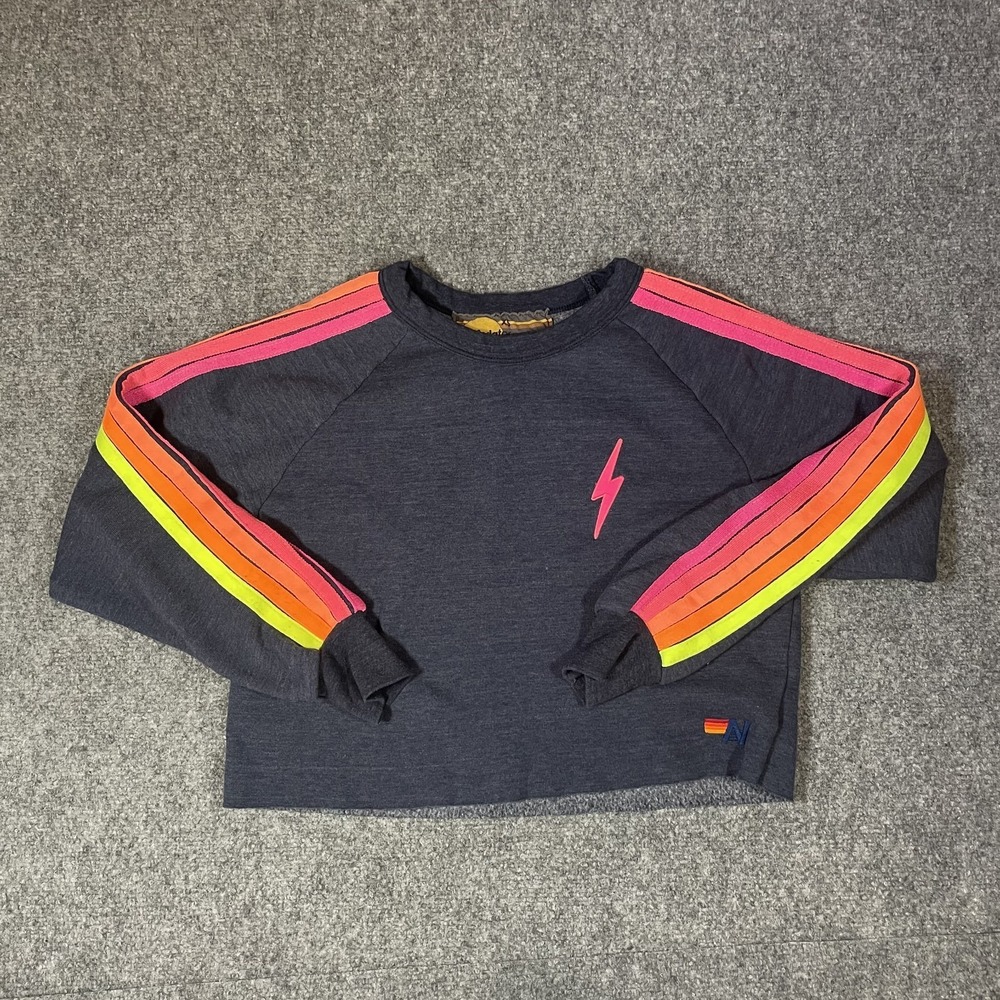 Aviator Nation Cropped Pullover Sweatshirt Size Small Blue Fluorescent Crewneck